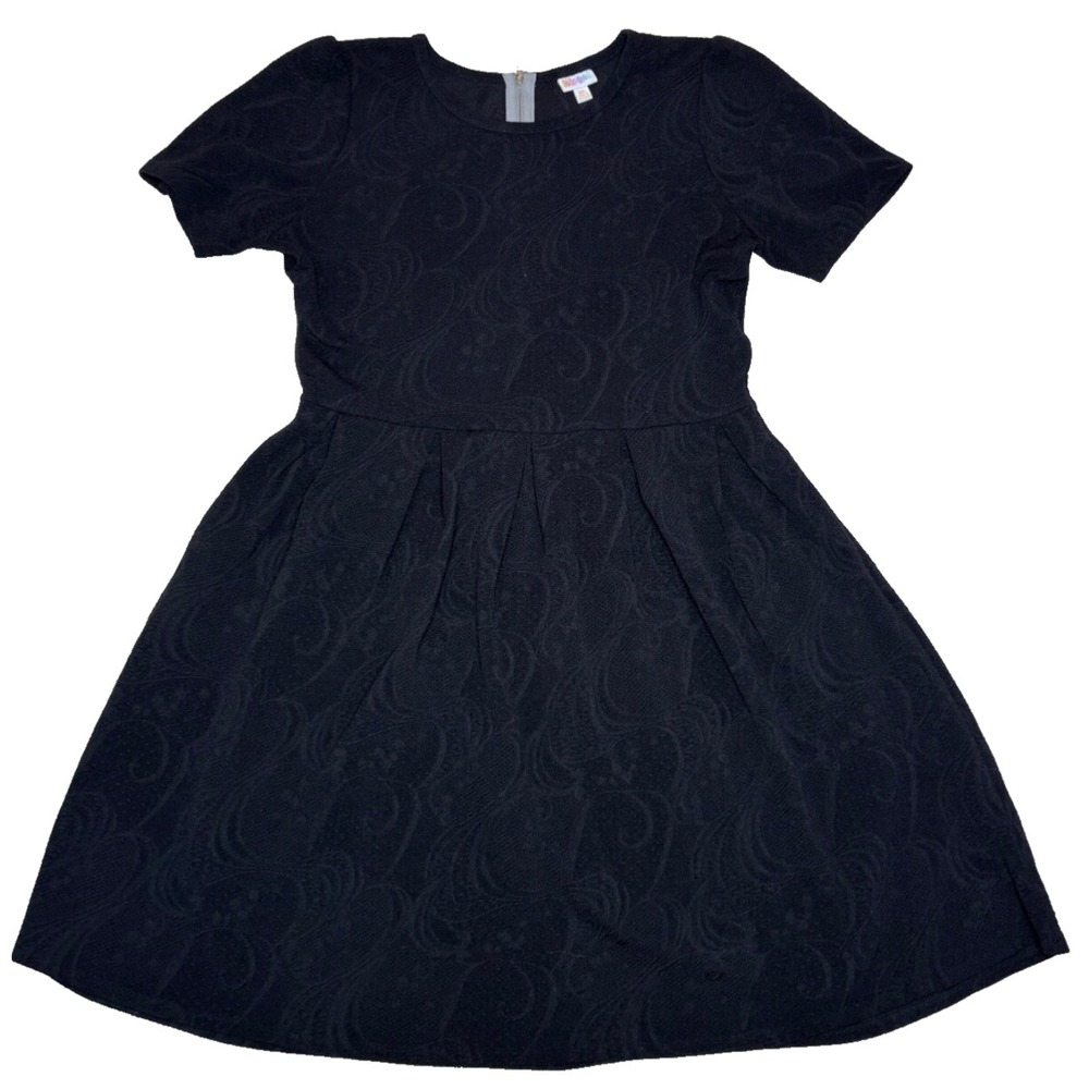 LuLaRoe Women Amelia Dress XL Solid Black Scrolls Jacquard Paisley Short Sleeve